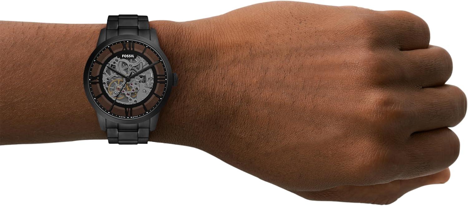 imageFossil Mens Townsman Automatic Stainless Steel and Leather TwoHand Skeleton WatchBlack Skeleton