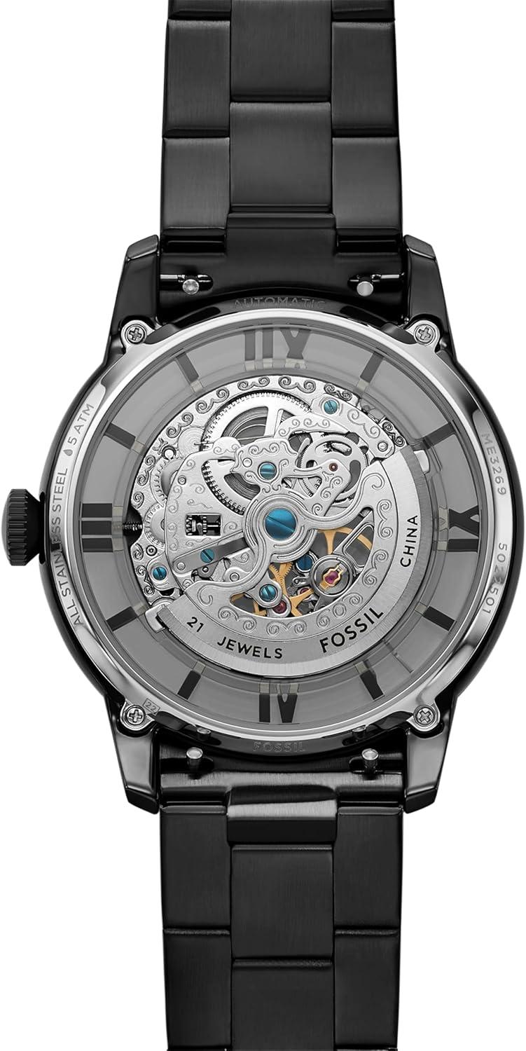 imageFossil Mens Townsman Automatic Stainless Steel and Leather TwoHand Skeleton WatchBlack Skeleton