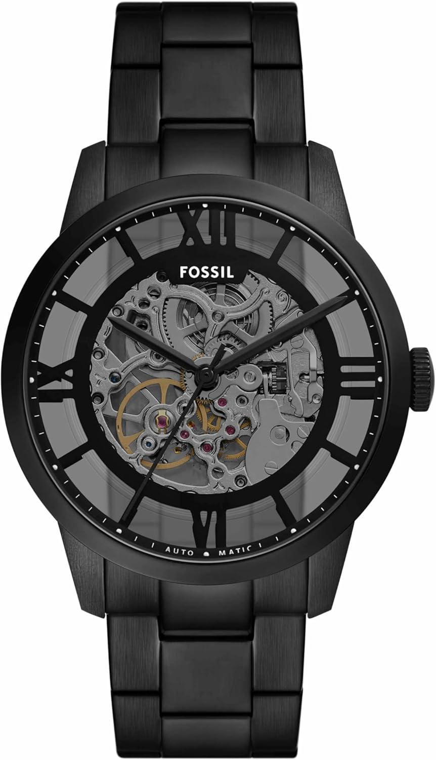 imageFossil Mens Townsman Automatic Stainless Steel and Leather TwoHand Skeleton WatchBlack Skeleton