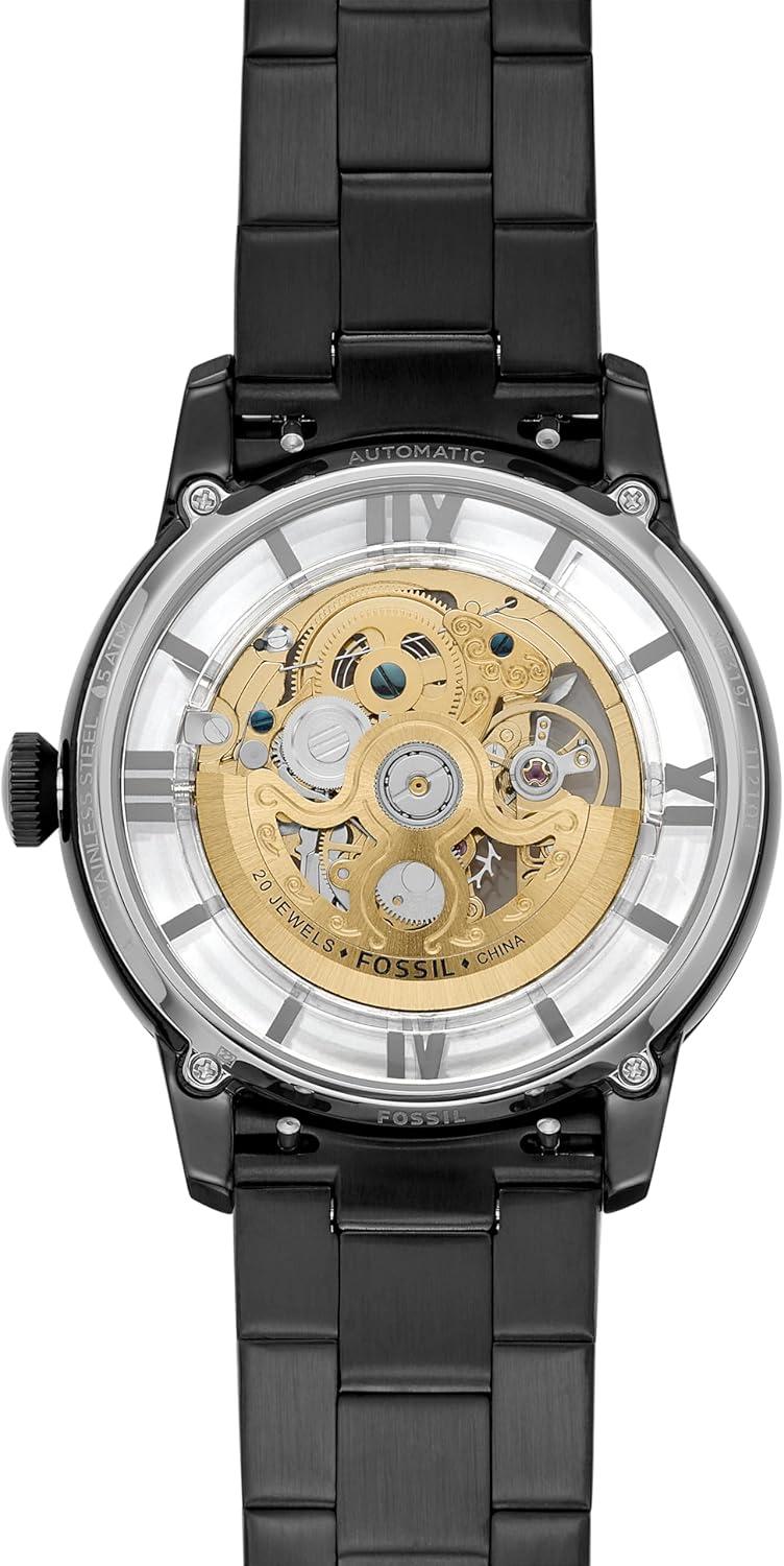 imageFossil Mens Townsman Automatic Stainless Steel and Leather TwoHand Skeleton WatchBlack StainlessGold Dial