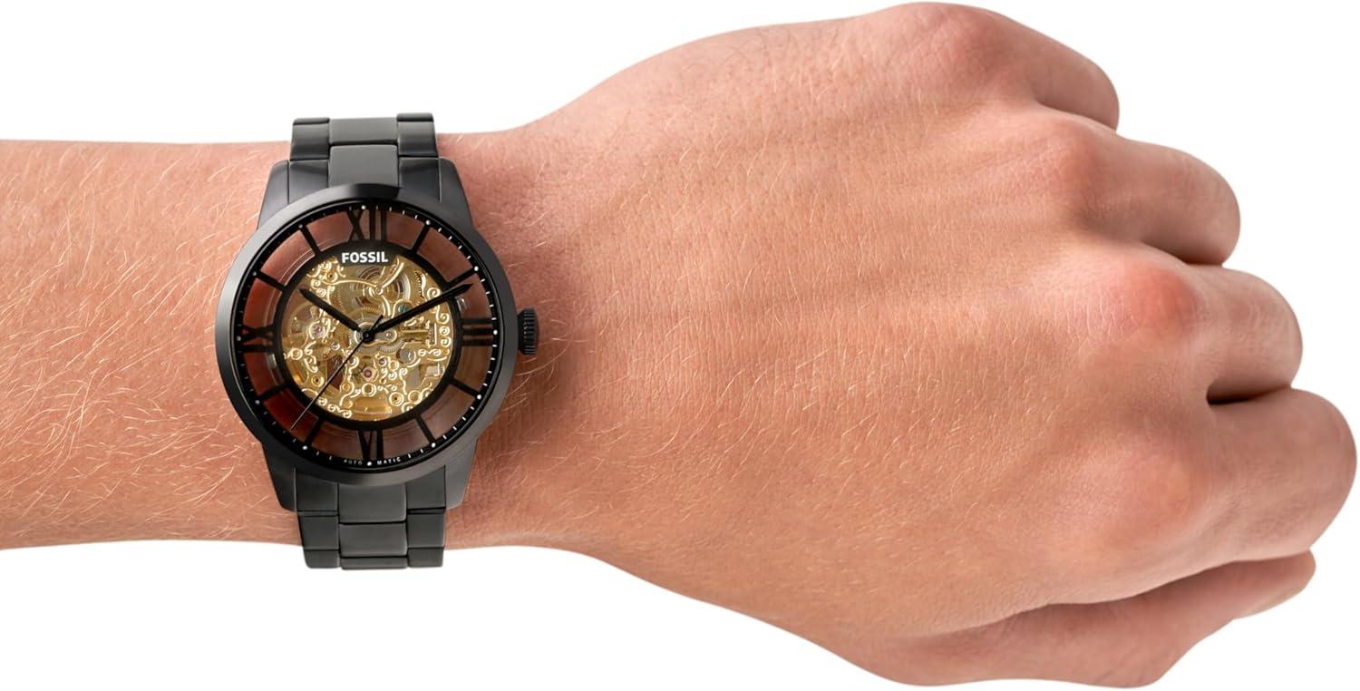 imageFossil Mens Townsman Automatic Stainless Steel and Leather TwoHand Skeleton WatchBlack StainlessGold Dial