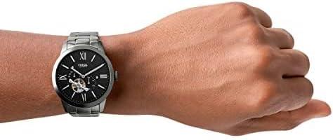 imageFossil Mens Townsman Automatic Stainless Steel and Leather TwoHand Skeleton WatchSmoke Gray