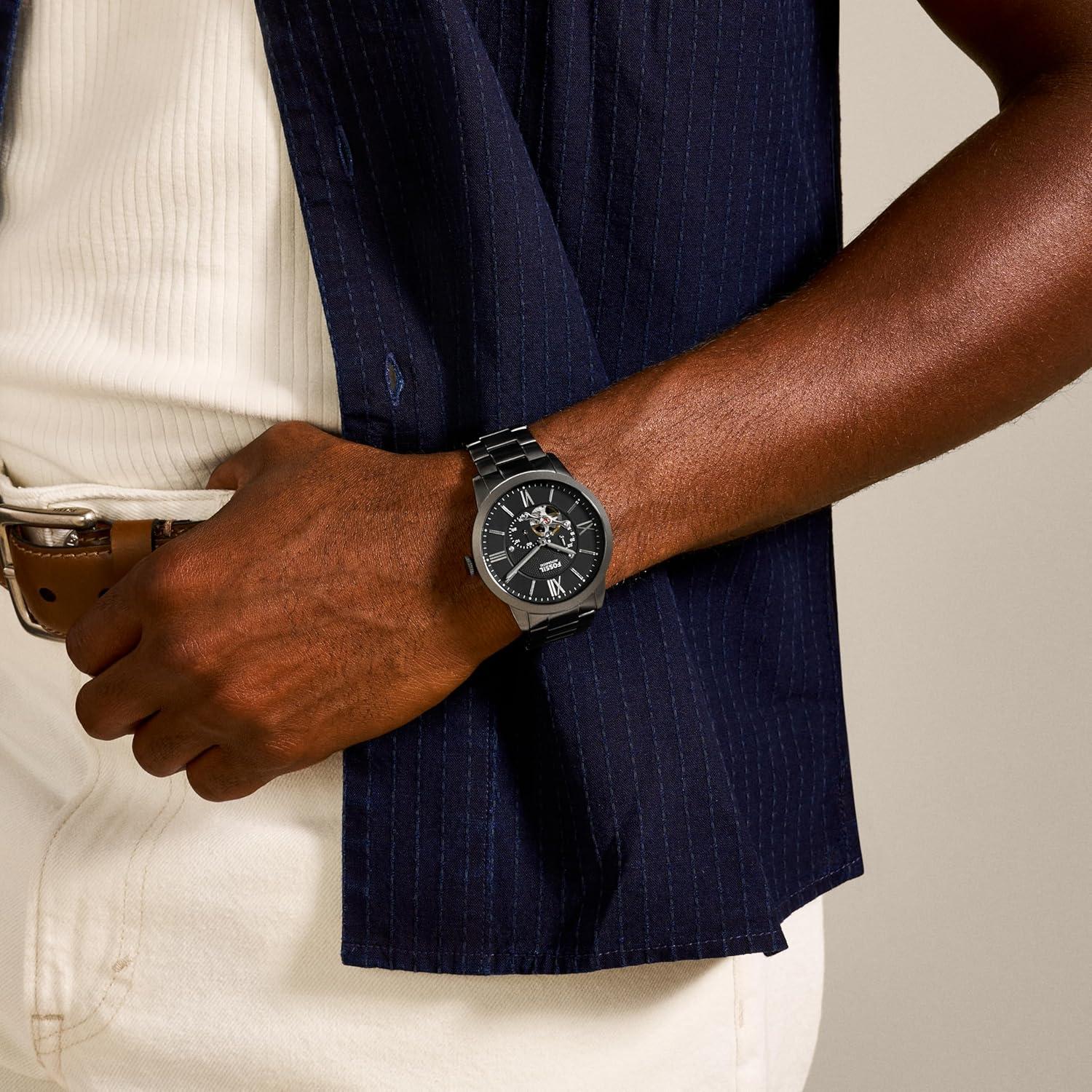 imageFossil Mens Townsman Automatic Stainless Steel and Leather TwoHand Skeleton WatchSmoke Gray