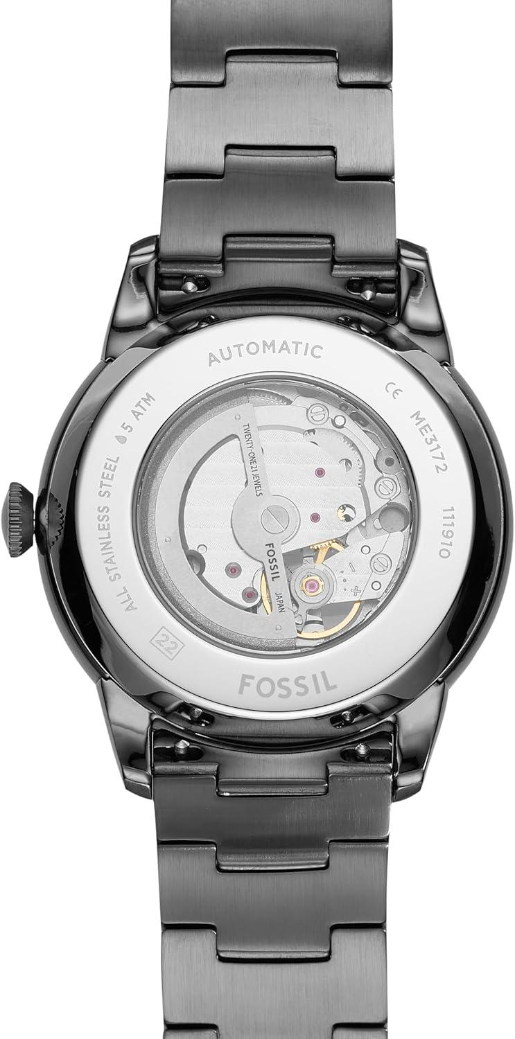 imageFossil Mens Townsman Automatic Stainless Steel and Leather TwoHand Skeleton WatchSmoke Gray