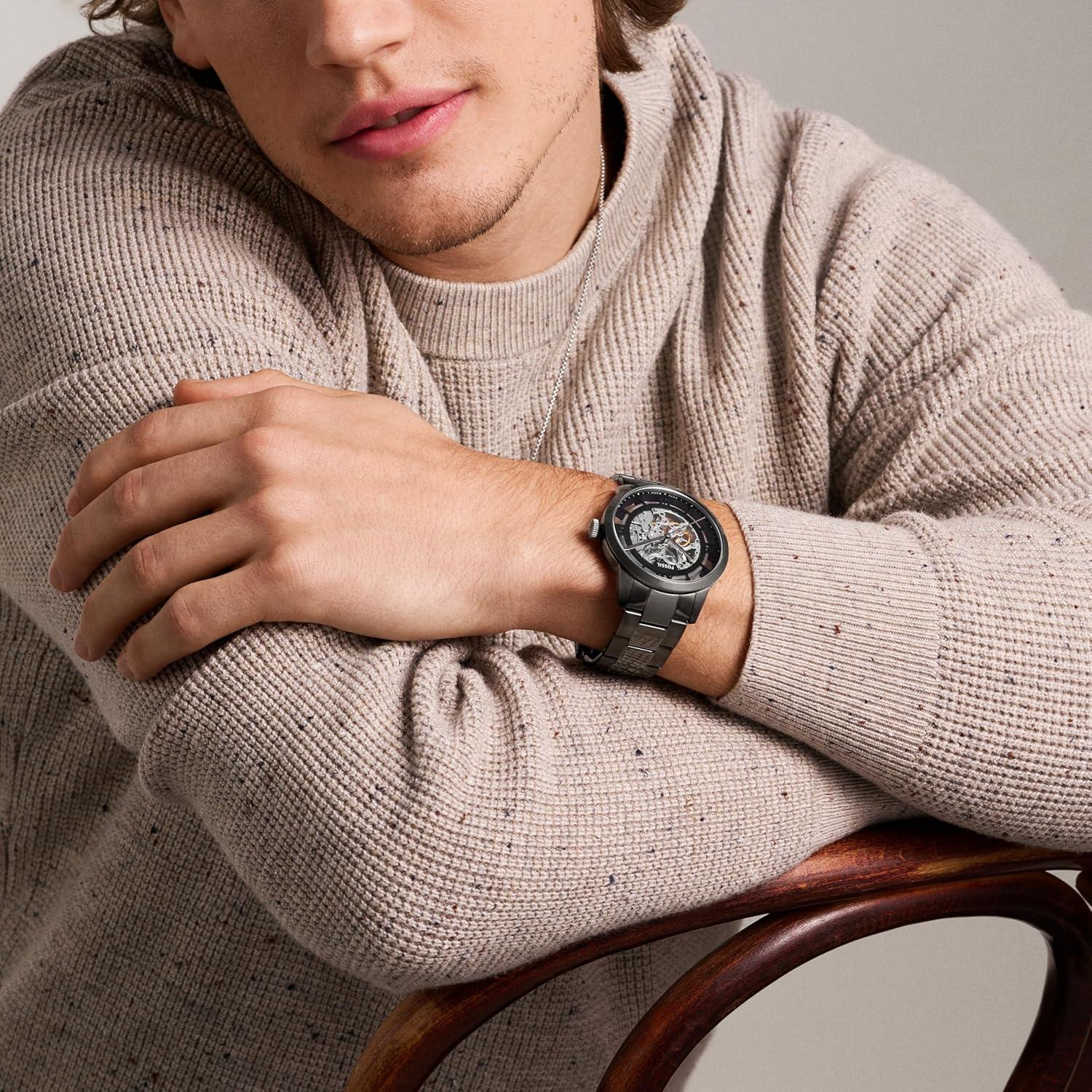 imageFossil Mens Townsman Automatic Stainless Steel and Leather TwoHand Skeleton WatchSmoke Gray Skeleton