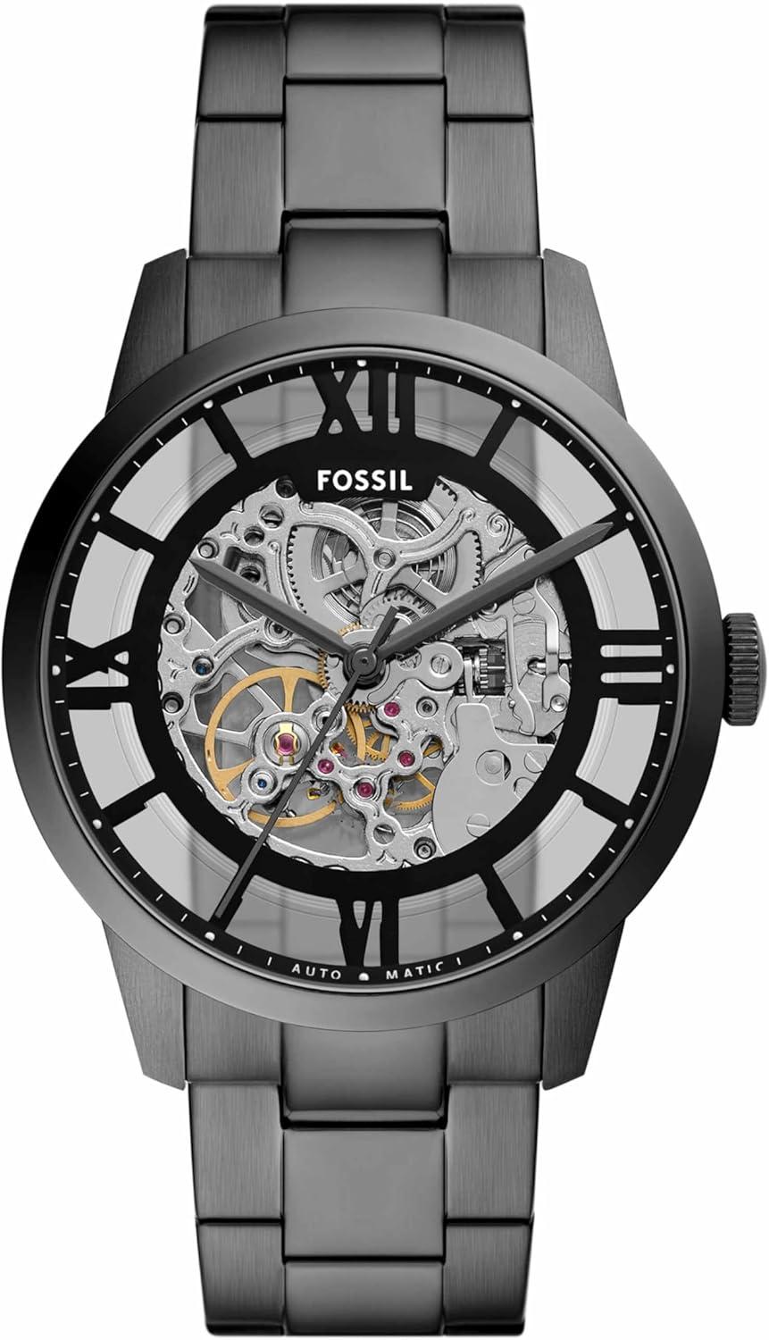 imageFossil Mens Townsman Automatic Stainless Steel and Leather TwoHand Skeleton WatchSmoke Gray Skeleton