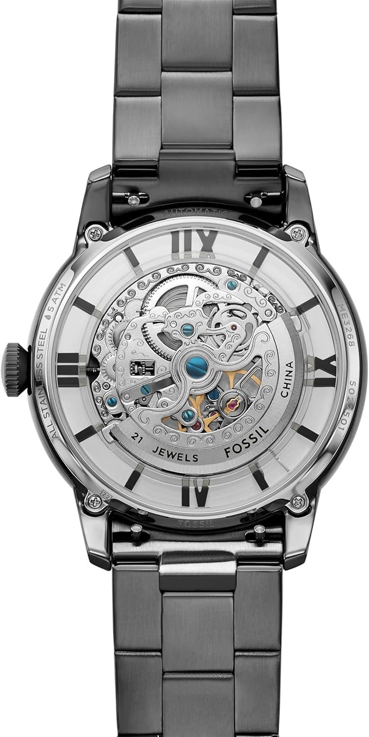 imageFossil Mens Townsman Automatic Stainless Steel and Leather TwoHand Skeleton WatchSmoke Gray Skeleton