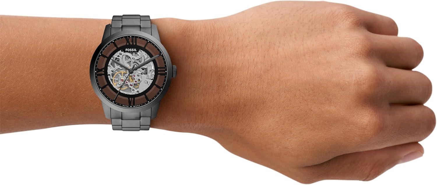 imageFossil Mens Townsman Automatic Stainless Steel and Leather TwoHand Skeleton WatchSmoke Gray Skeleton