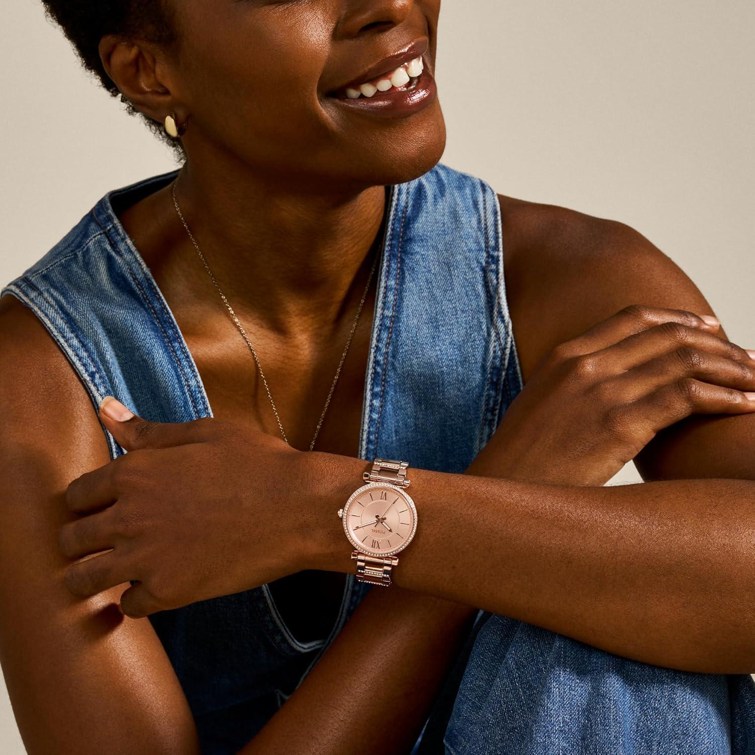 imageFossil Womens Carlie Quartz Stainless Steel ThreeHand WatchRose Gold Glitz