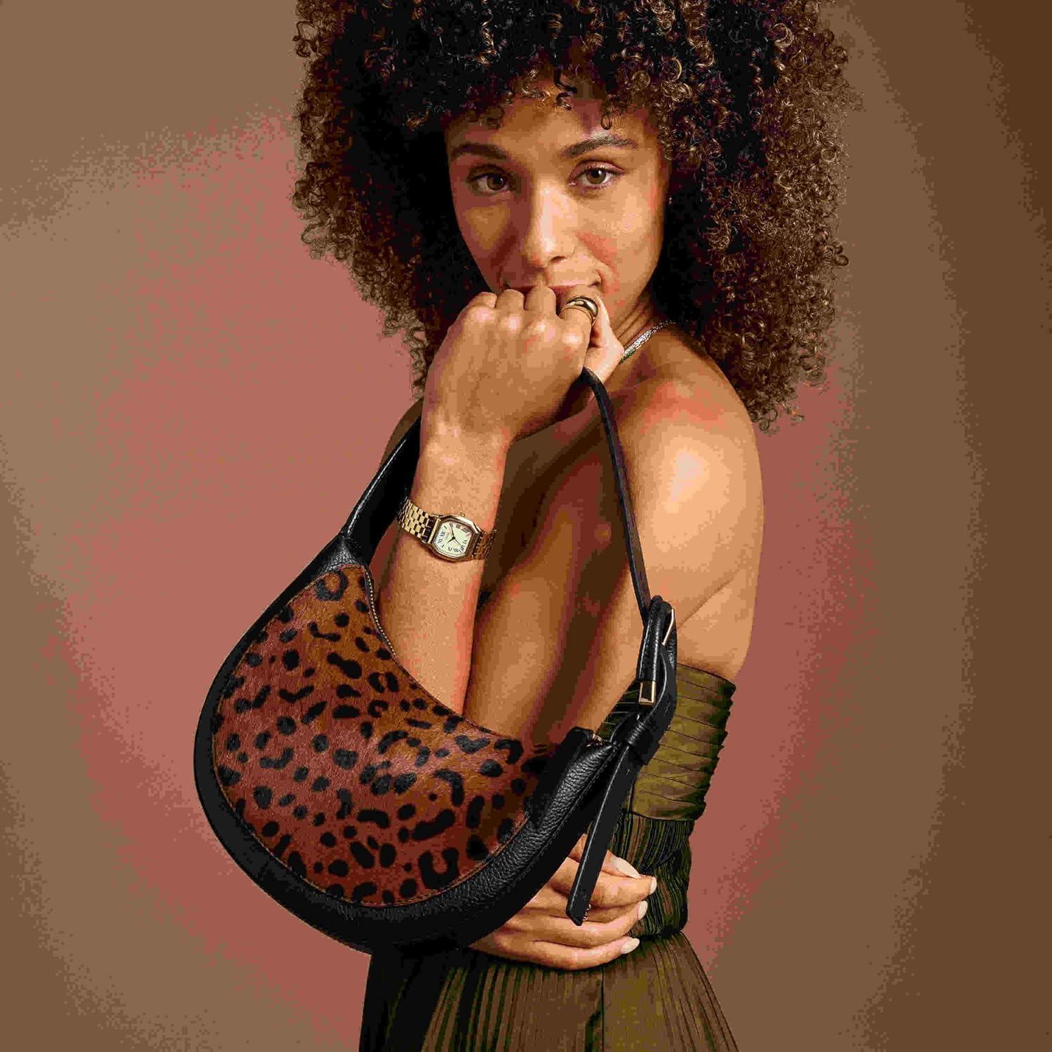 imageFossil Womens Harwell Leather Crescent Shoulder BagBlackLeopard Haircalf