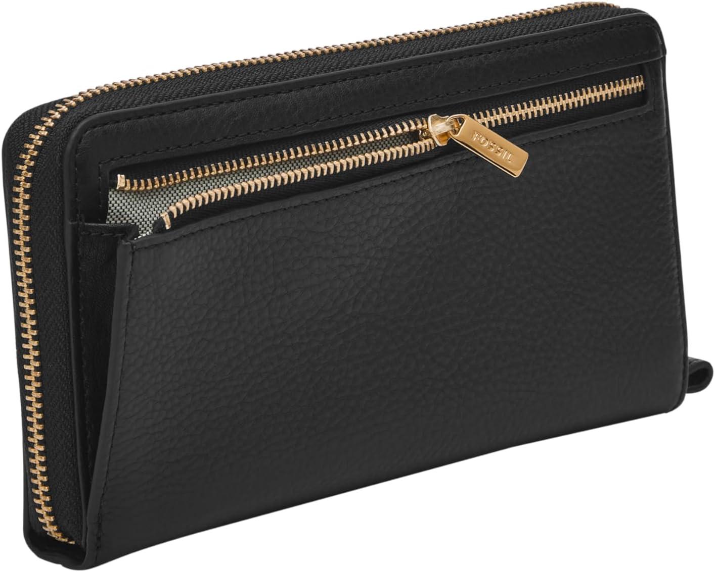 imageFossil Womens Liza Leather Wallet Zip Around Clutch with Wristlet Strap Black Model SL7878G001Black