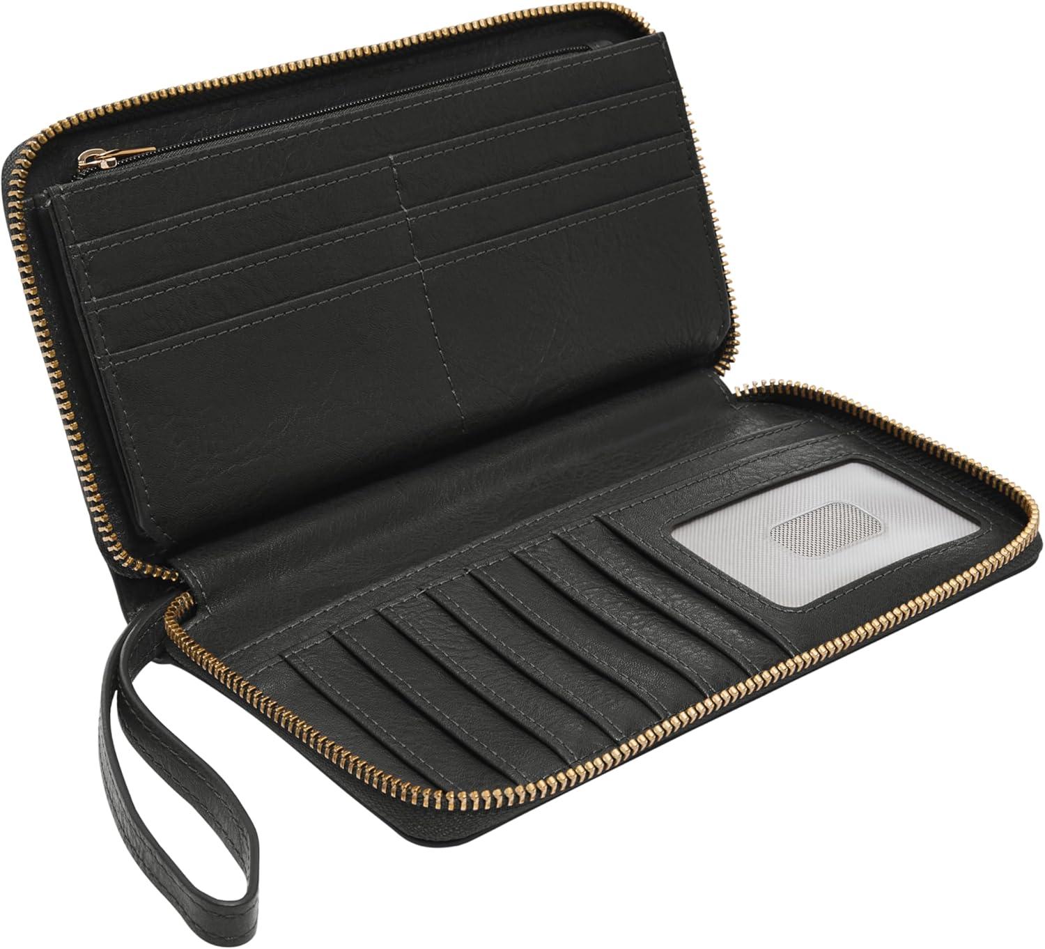 imageFossil Womens Liza Leather Wallet Zip Around Clutch with Wristlet Strap Black Model SL7878G001Black