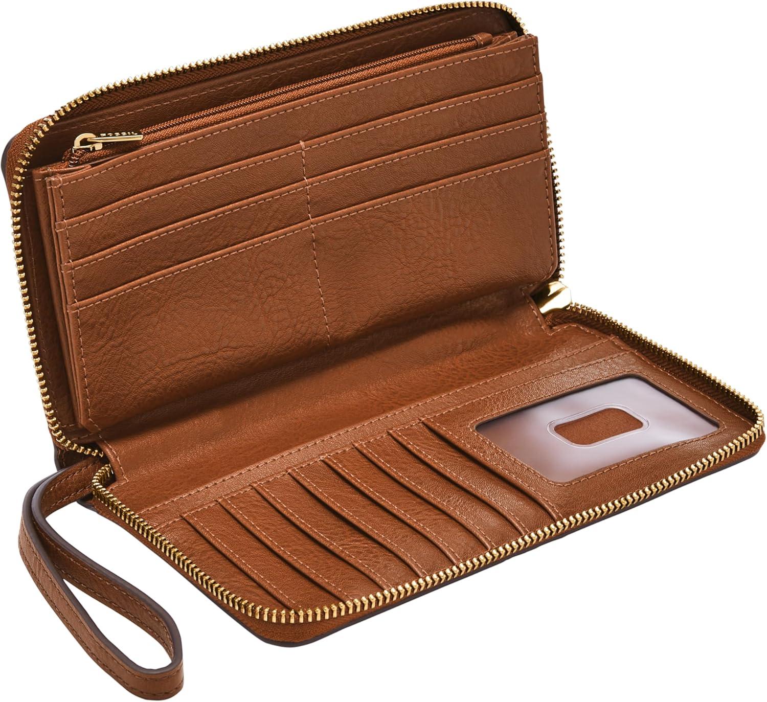 imageFossil Womens Liza Leather Wallet Zip Around Clutch with Wristlet Strap Black Model SL7878G001Brown