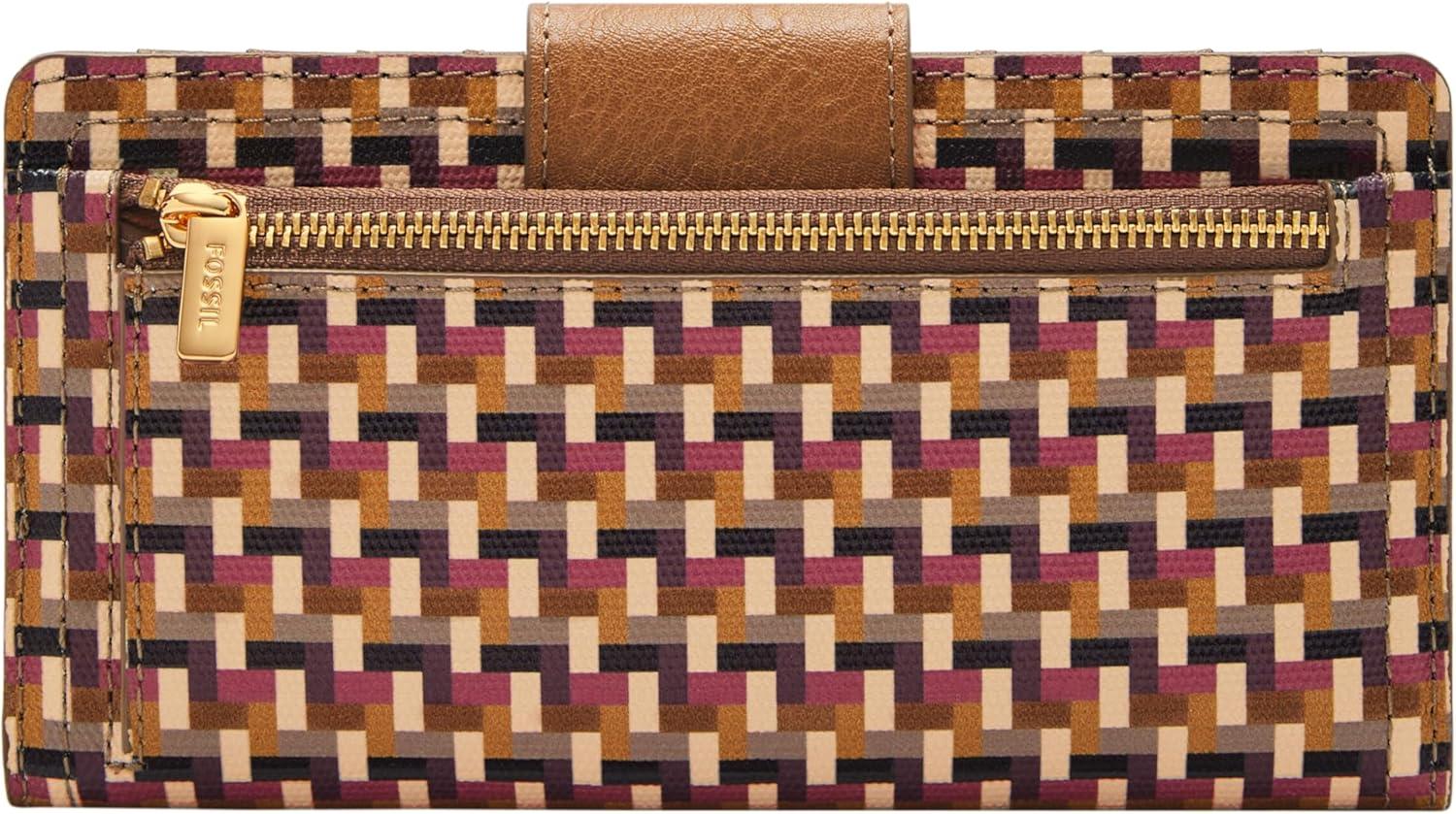 imageFossil Womens Logan Leather Wallet RFID Blocking Tab Clutch Black Model SL7830001Multi Woven Print