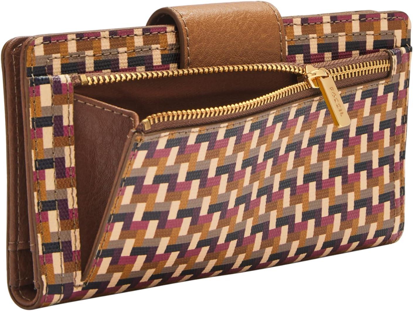 imageFossil Womens Logan Leather Wallet RFID Blocking Tab Clutch Black Model SL7830001Multi Woven Print