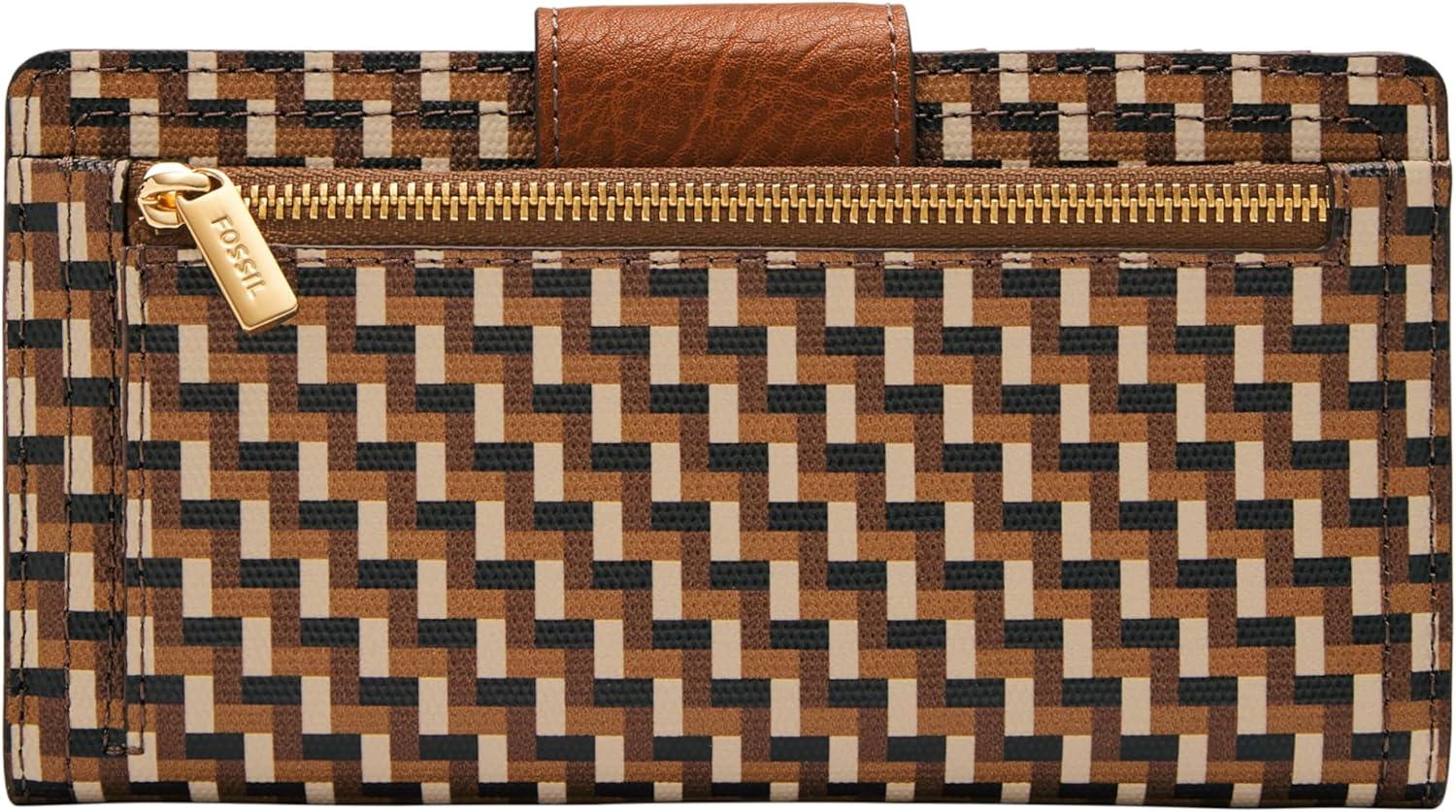 imageFossil Womens Logan Leather Wallet RFID Blocking Tab Clutch Black Model SL7830001Neutral Woven Print