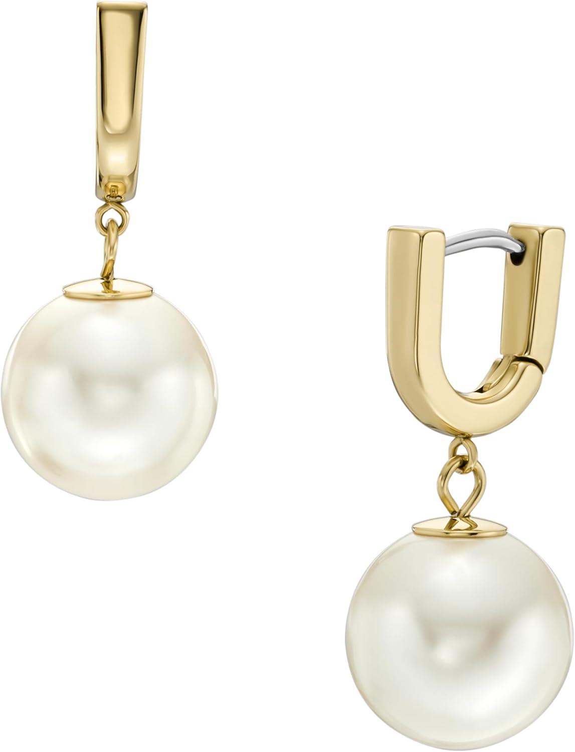 imageFossil Womens Stainless Steel DangleDrop or Hoop Earrings for WomenGold Heritage Pearl Huggie Hoop
