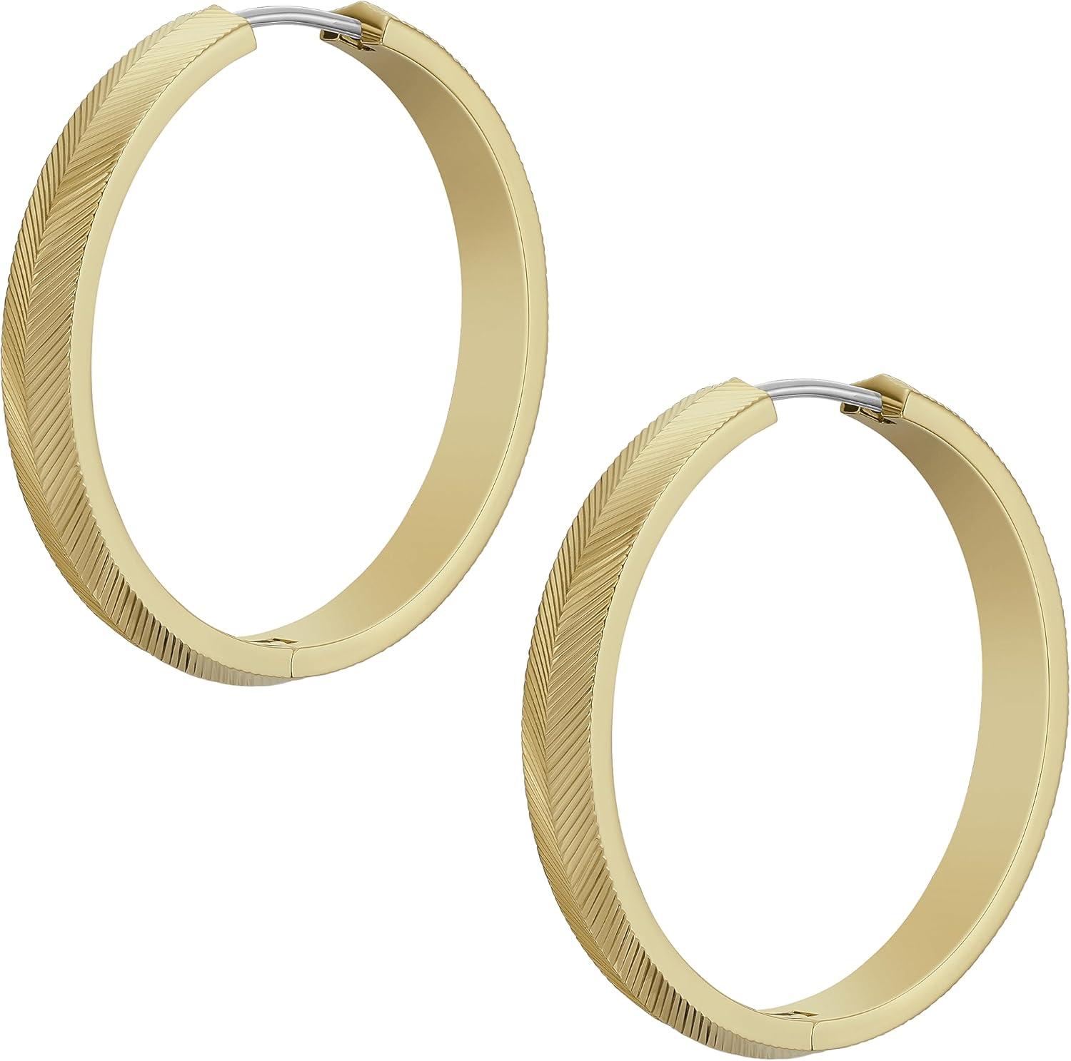 imageFossil Womens Stainless Steel DangleDrop or Hoop Earrings for WomenGold Linear Texture Large Hoop