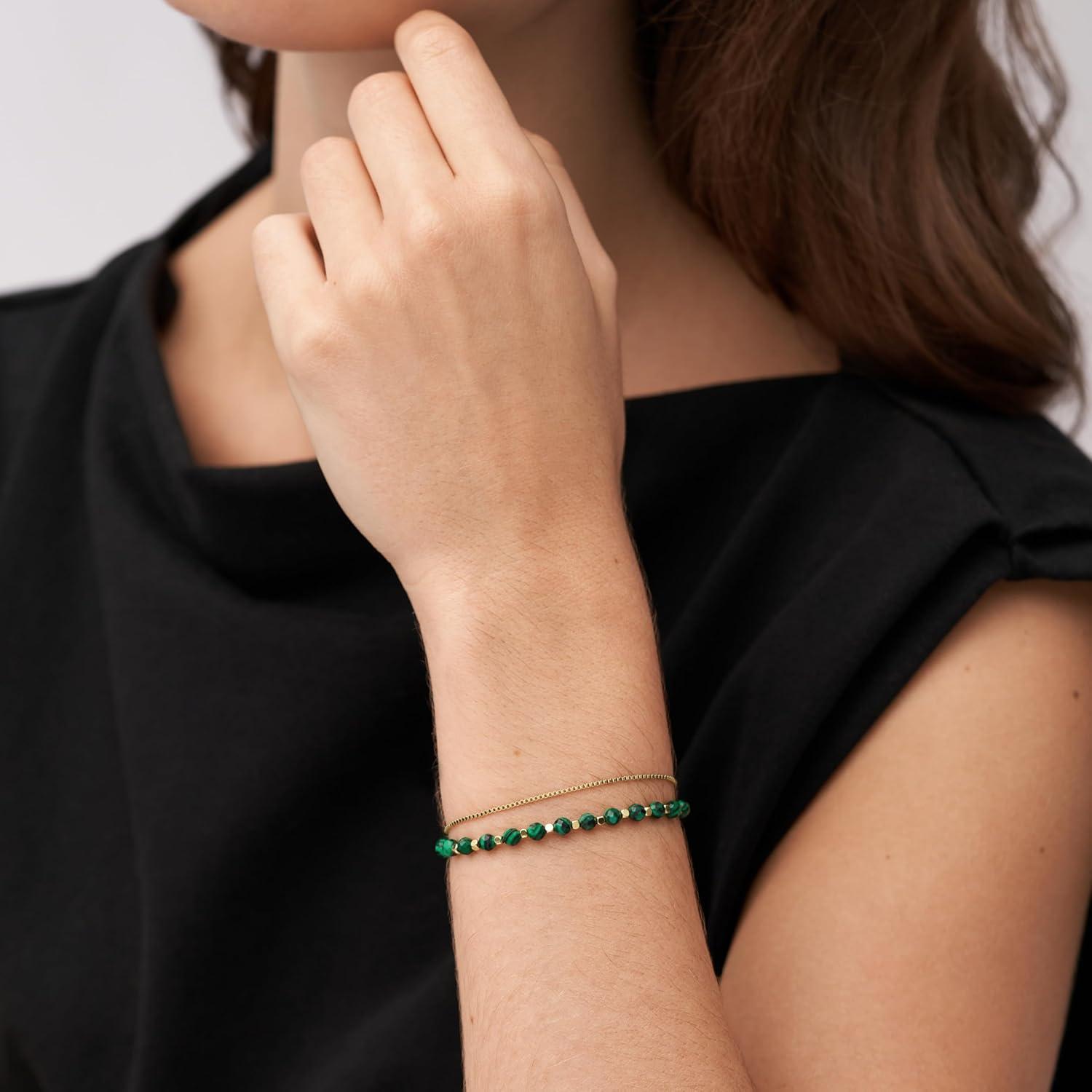 imageFossil Womens Stainless Steel GoldTone Beaded BraceletGold Malachite Bead