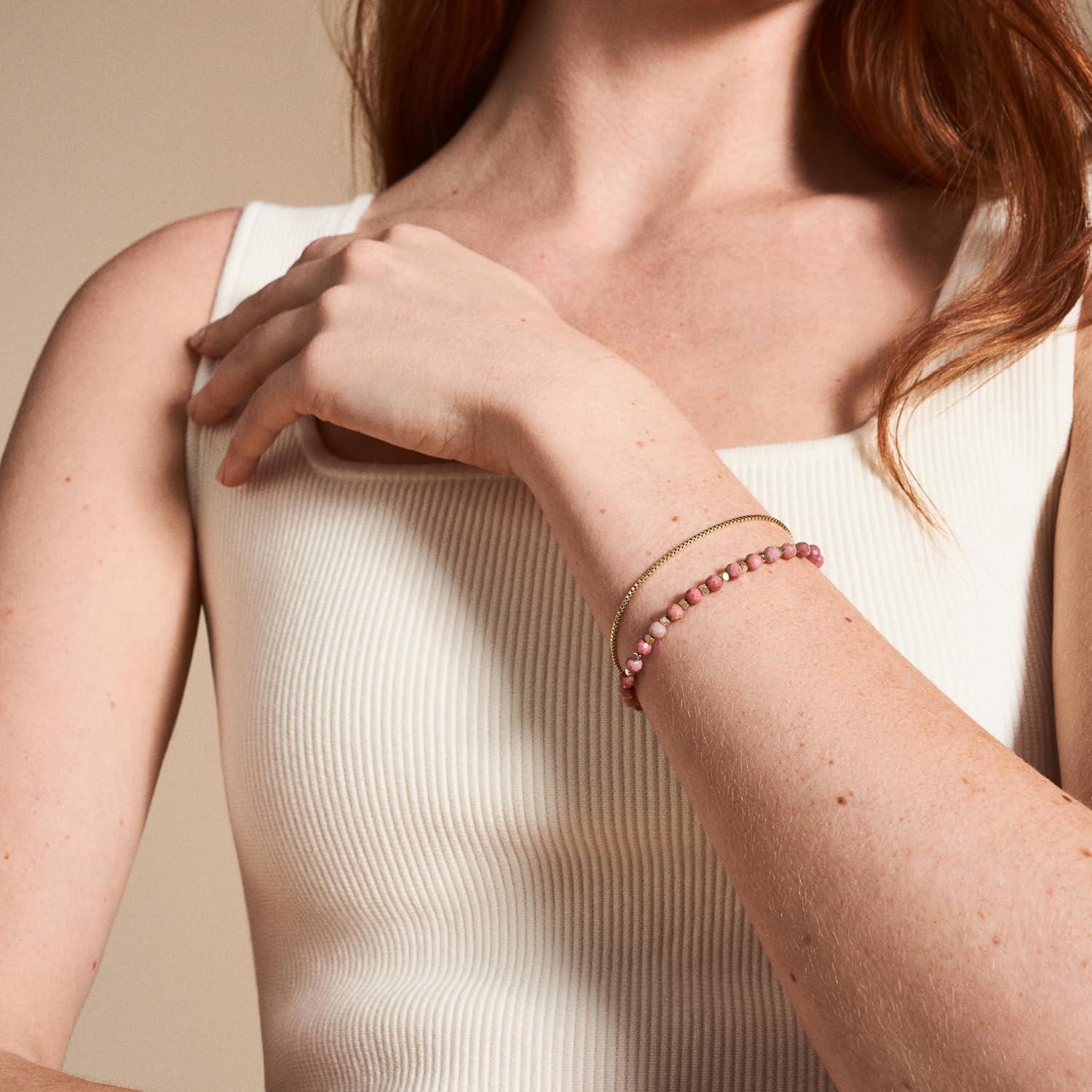 imageFossil Womens Stainless Steel GoldTone Beaded BraceletGoldPink Rhodochrosite