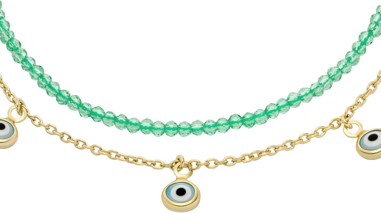 imageFossil Womens Stainless Steel GoldTone Beaded BraceletGoldTurquoise Evil Eye