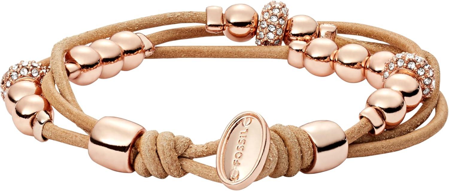 imageFossil Womens Stainless Steel and Genuine Leather Bracelet for WomenRose Gold GlitzTan