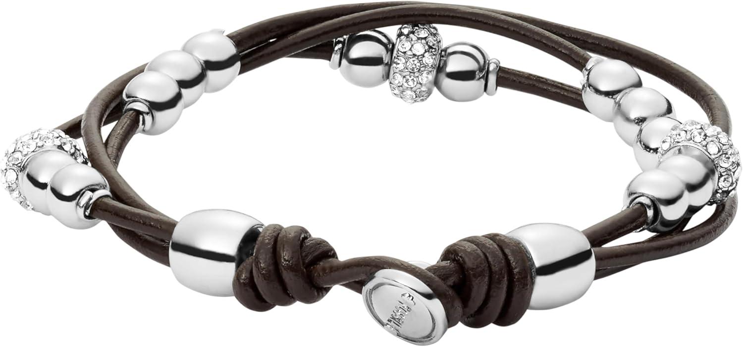 imageFossil Womens Stainless Steel and Genuine Leather Bracelet for WomenSilver GlitzDark Brown