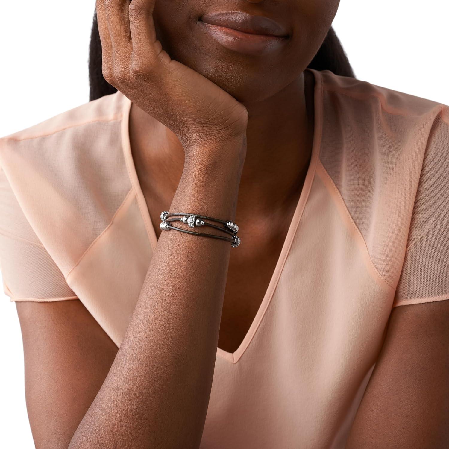 imageFossil Womens Stainless Steel and Genuine Leather Bracelet for WomenSilver GlitzDark Brown