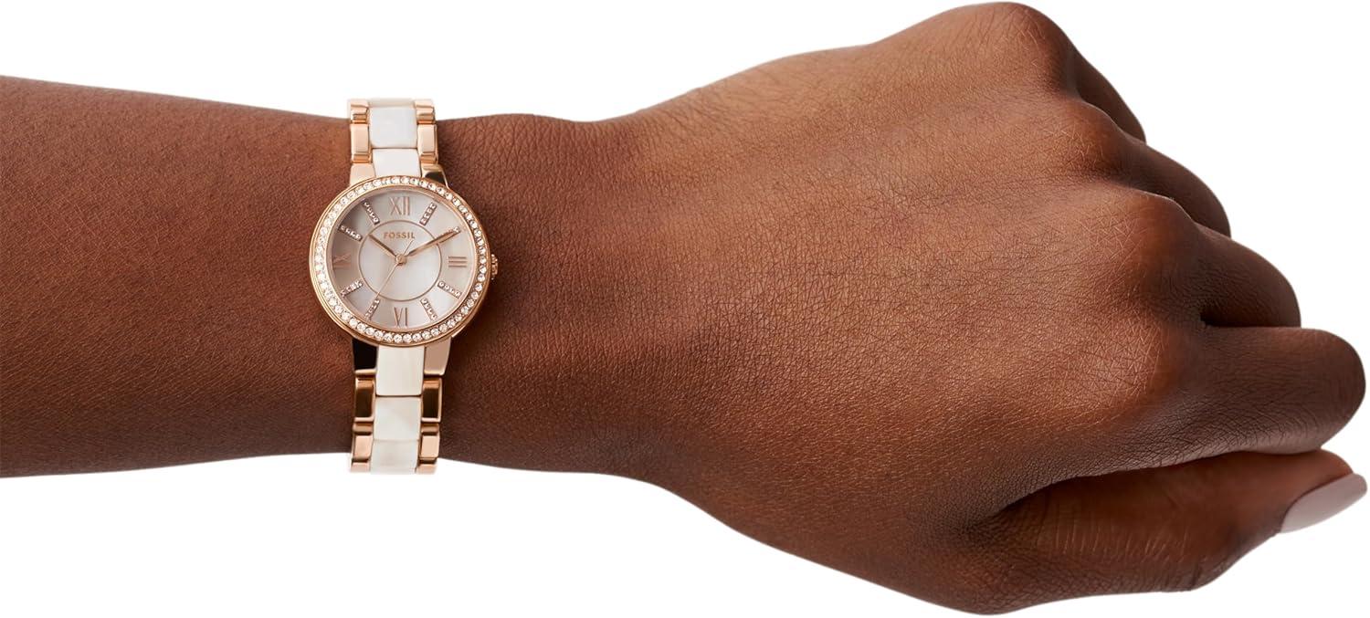 imageFossil Womens Virginia Quartz Stainless Steel ThreeHand WatchRose GoldHorn Acetate
