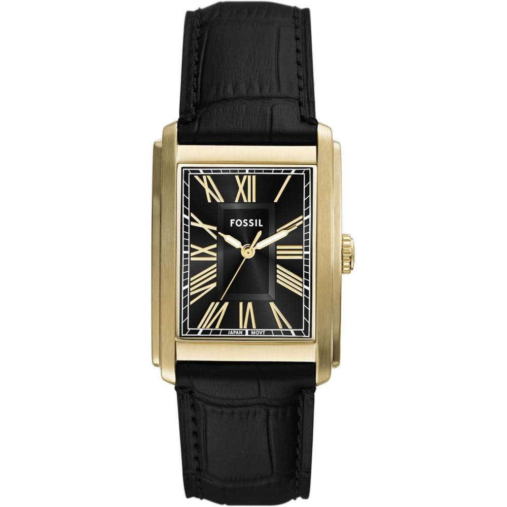 imageFossil Mens Carraway Quartz Stainless Steel ThreeHand WatchBlack LeatherGold