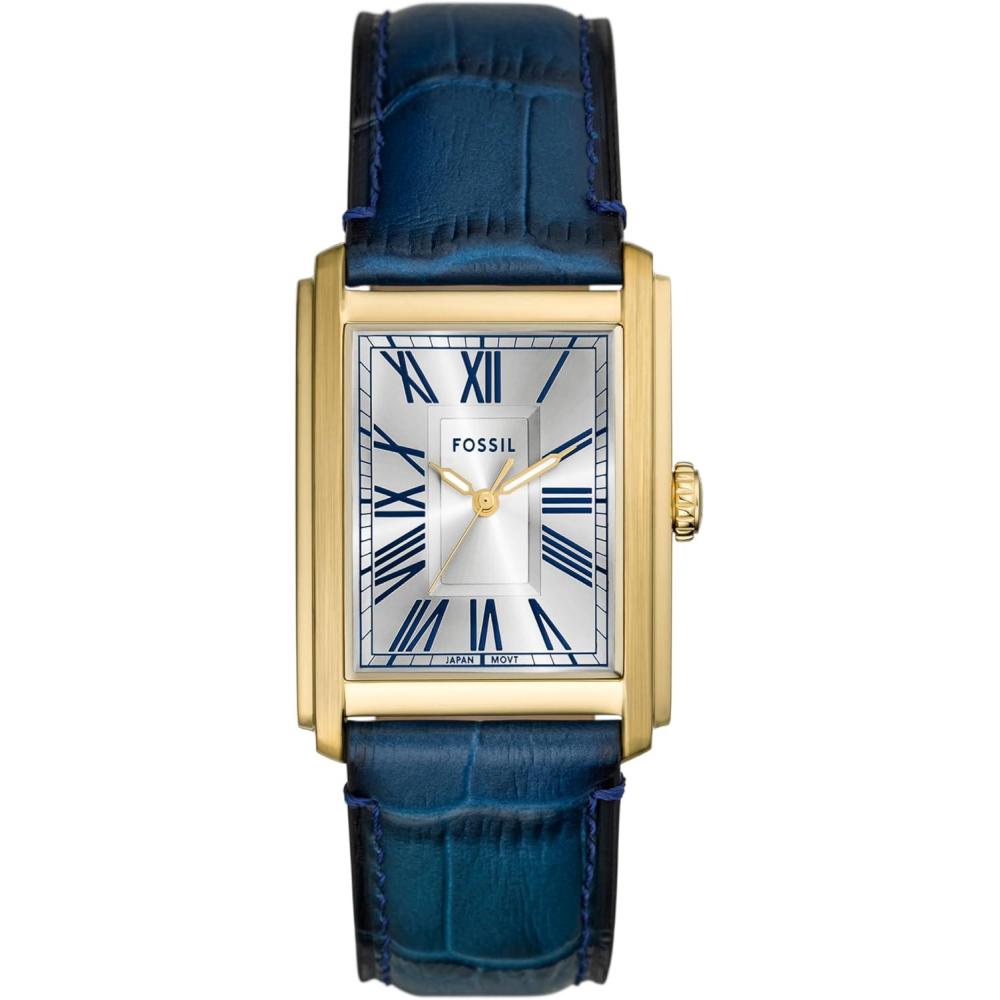 imageFossil Mens Carraway Quartz Stainless Steel ThreeHand WatchBlue LeatherGold