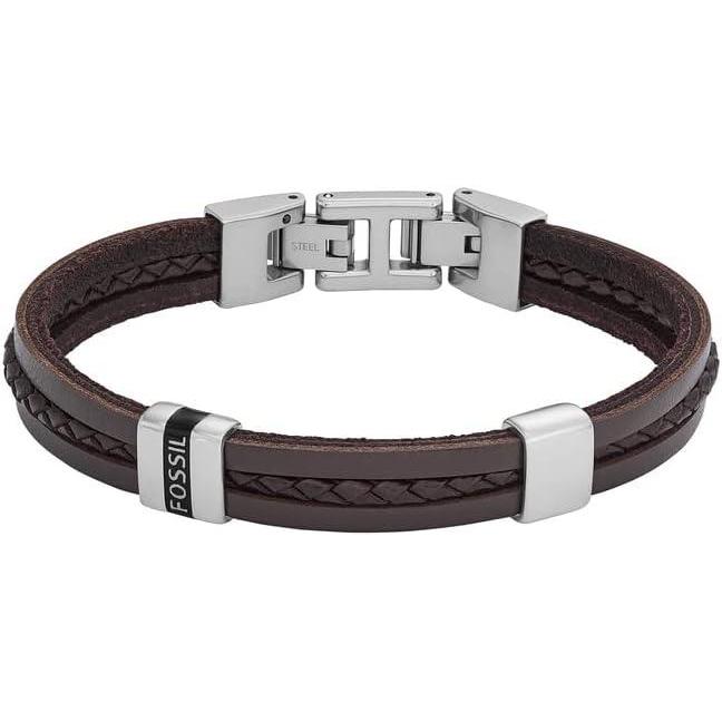 imageFossil Mens Casual Stainless Steel and Genuine Leather Bracelet for MenBrown BraidSilver