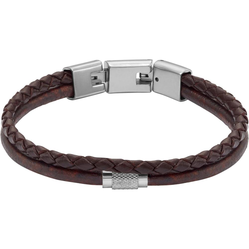 imageFossil Mens Casual Stainless Steel and Genuine Leather Bracelet for MenBrown Braided Multi w Silver Rondelle