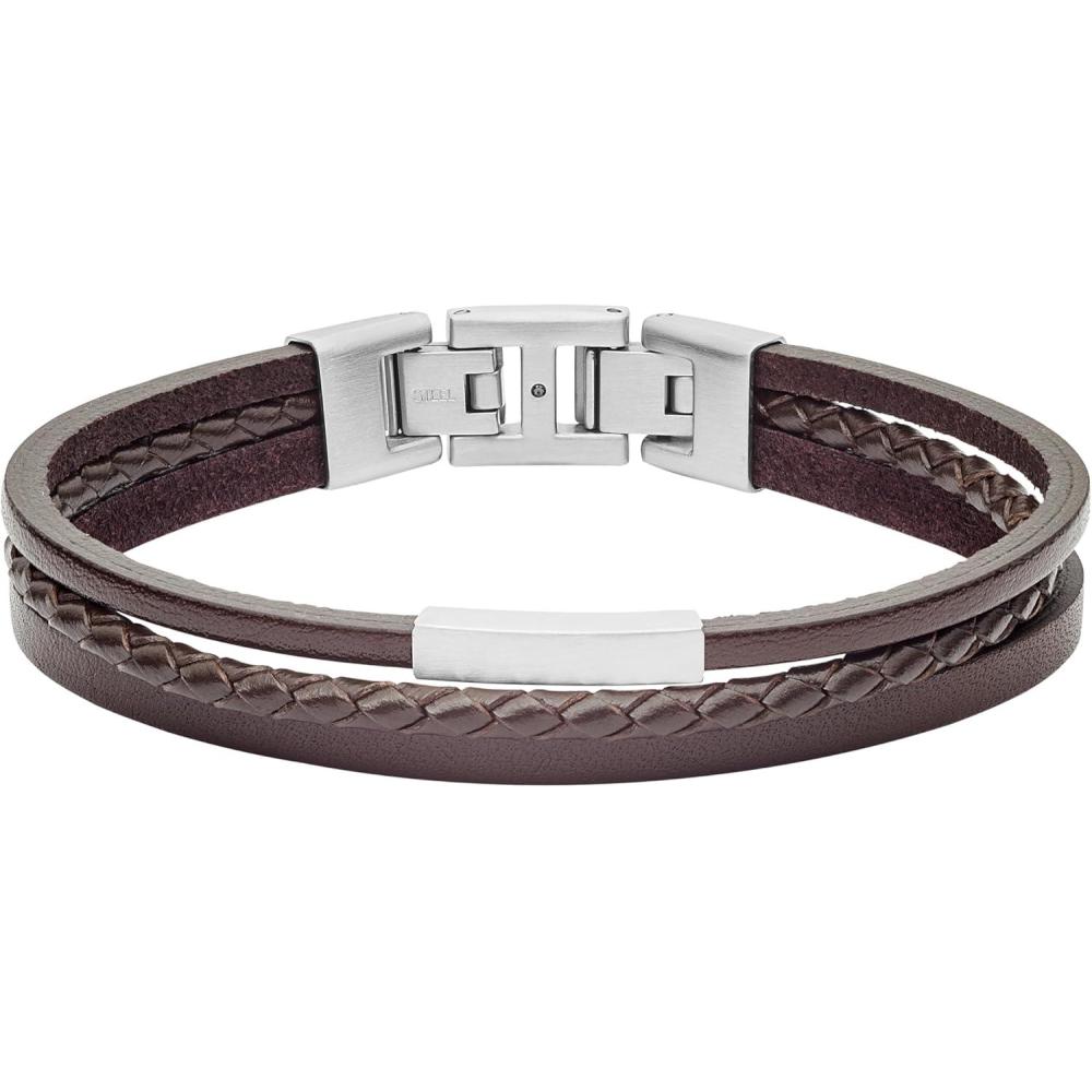 imageFossil Mens Casual Stainless Steel and Genuine Leather Bracelet for MenBrown Multi