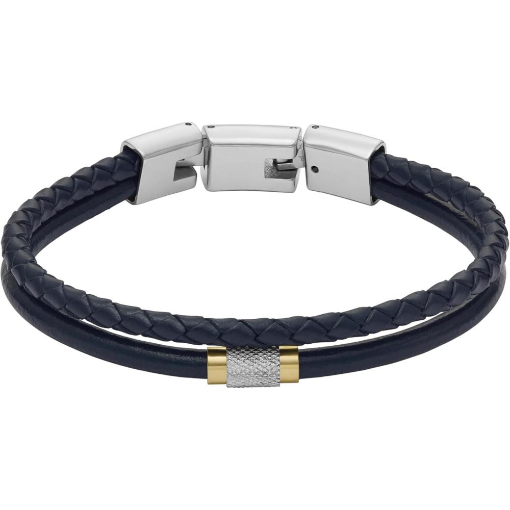 imageFossil Mens Casual Stainless Steel and Genuine Leather Bracelet for MenNavy Braided Multi w TwoTone Rondelle