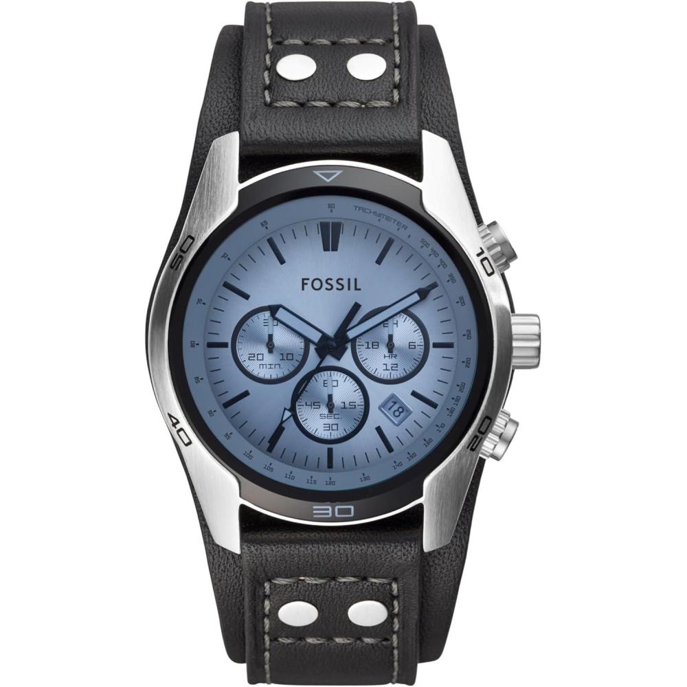 imageFossil Mens Coachman Quartz Stainless Steel and Leather Chronograph WatchSilver  Black