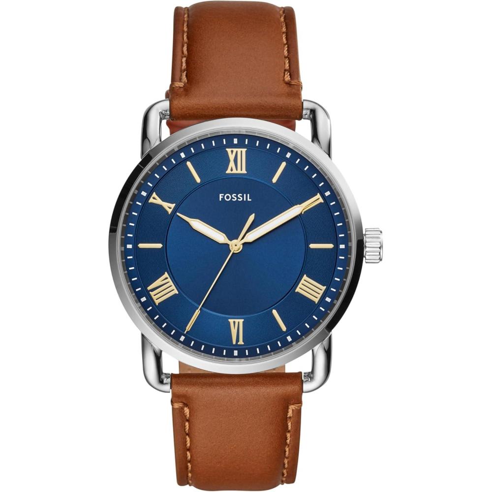imageFossil Mens Copeland Quartz Stainless Steel and Leather ThreeHand WatchSilverBlue Dial  Brown