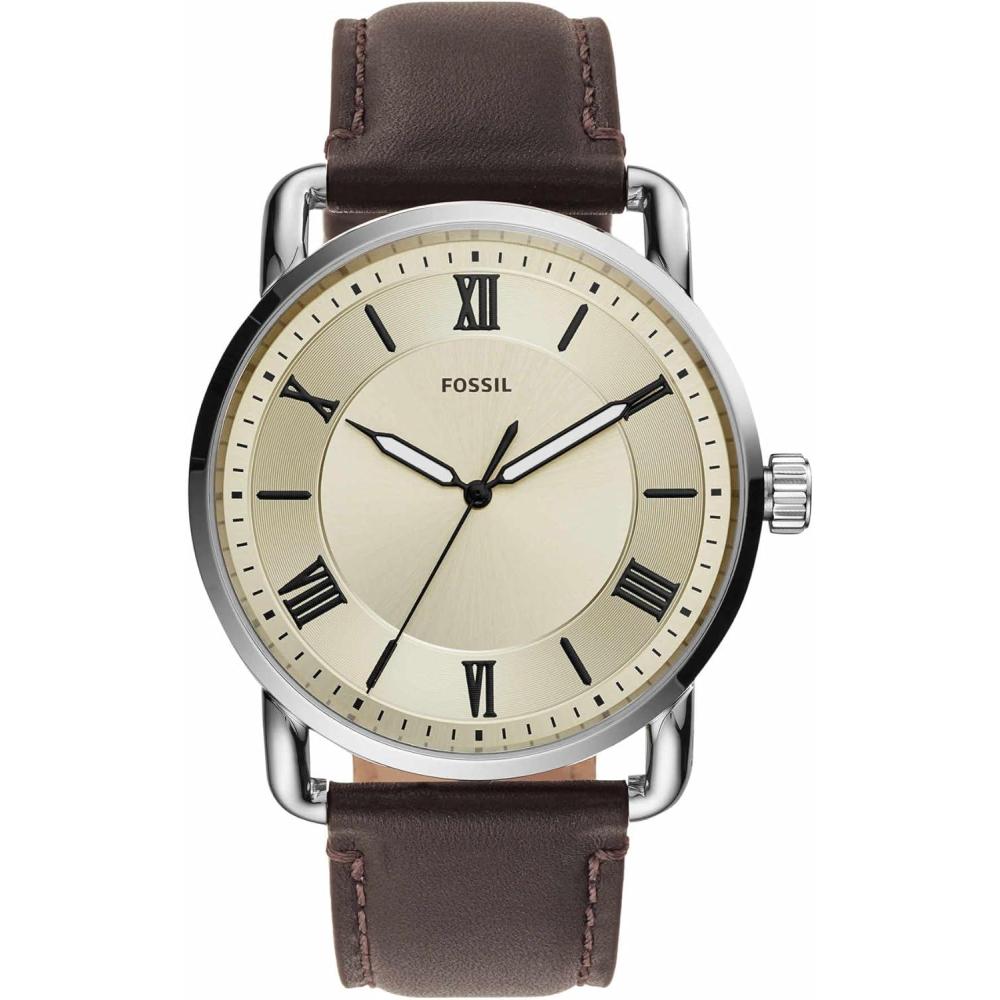 imageFossil Mens Copeland Quartz Stainless Steel and Leather ThreeHand WatchSilverCream Dial  Brown