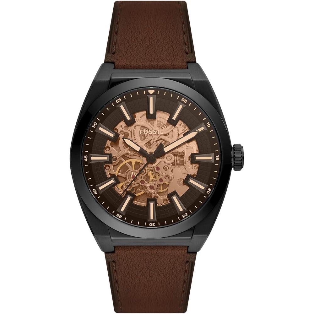 imageFossil Mens Everett Automatic Stainless Steel ThreeHand WatchBrown LeatherBlack