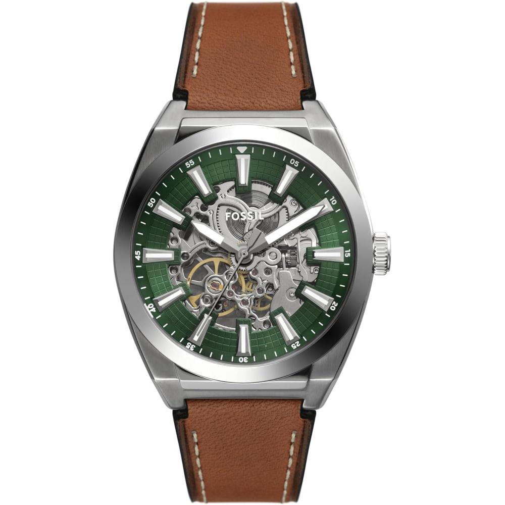 imageFossil Mens Everett Automatic Stainless Steel ThreeHand WatchBrown LeatherSilverGreen