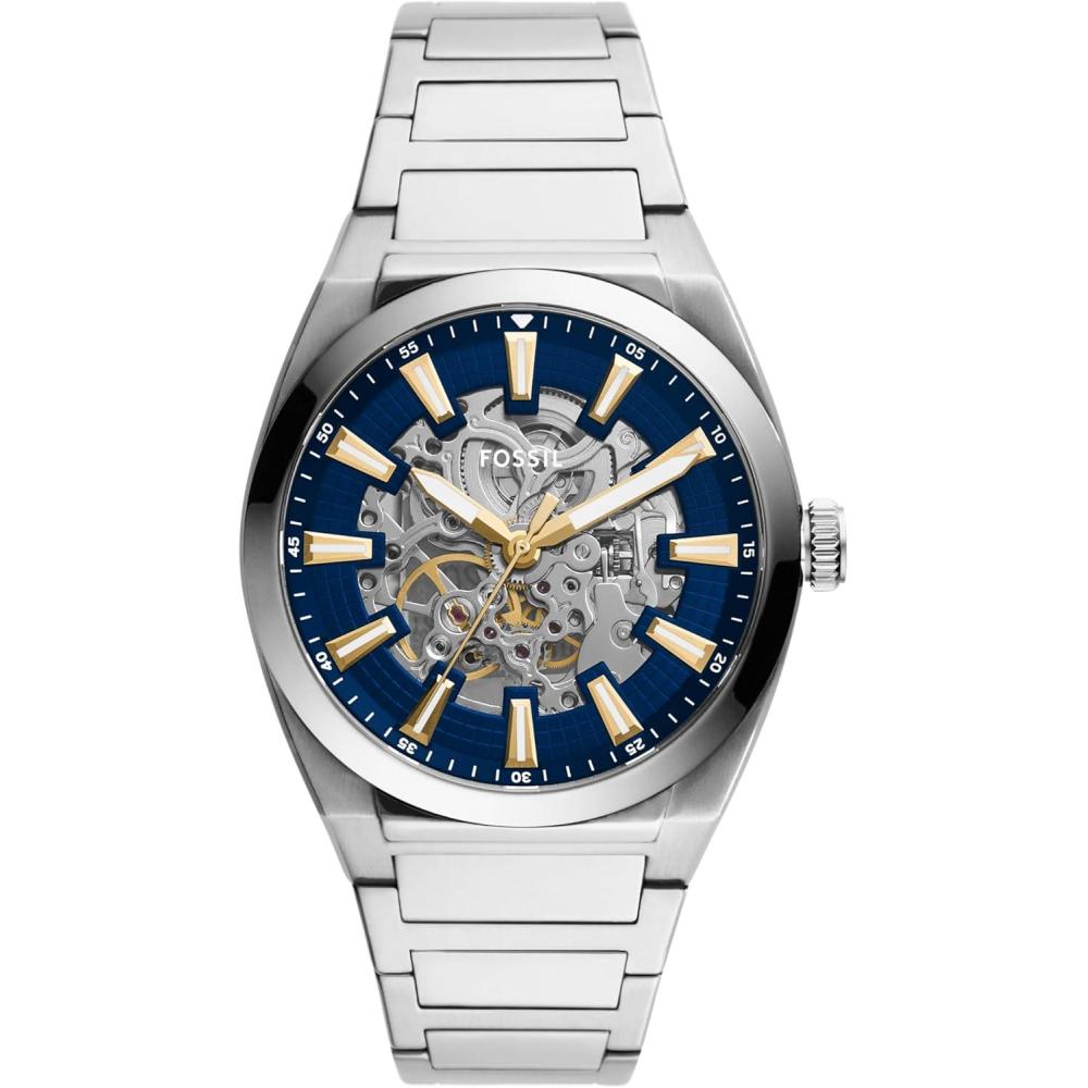 imageFossil Mens Everett Automatic Stainless Steel ThreeHand WatchSilverBlue
