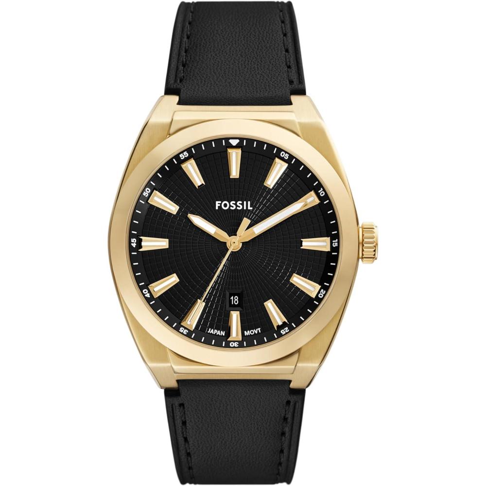 imageFossil Mens Everett Quartz Stainless Steel ThreeHand WatchBlack LeatherGold