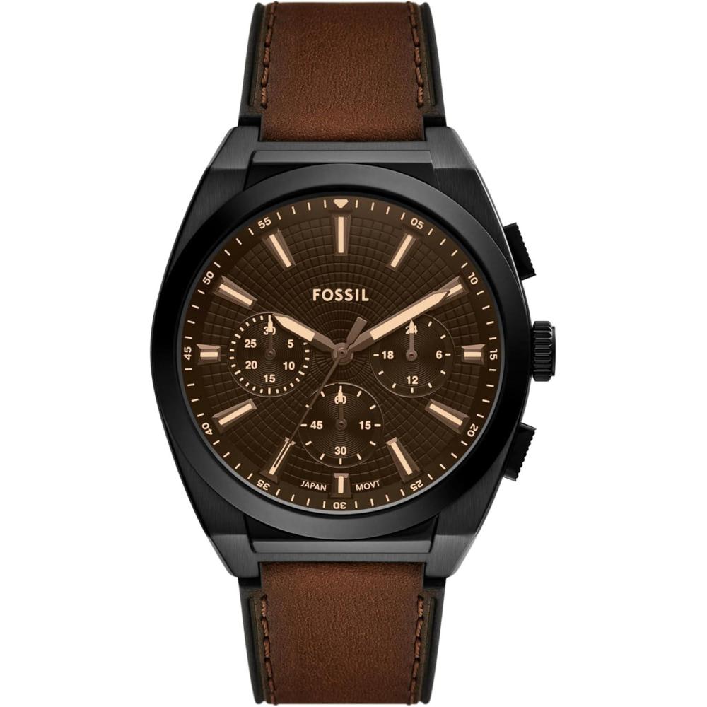 imageFossil Mens Everett Quartz Stainless Steel ThreeHand WatchBrown LeatherBlack Chrono