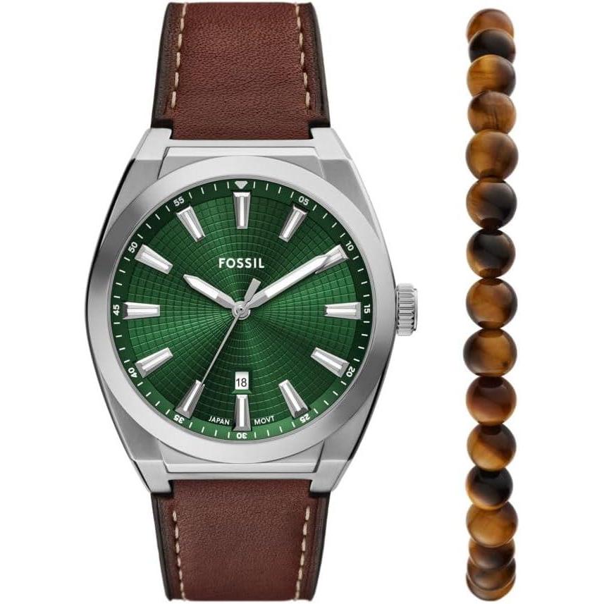 imageFossil Mens Everett Quartz Stainless Steel ThreeHand WatchBrown LeatherSilverGreen Gift Set