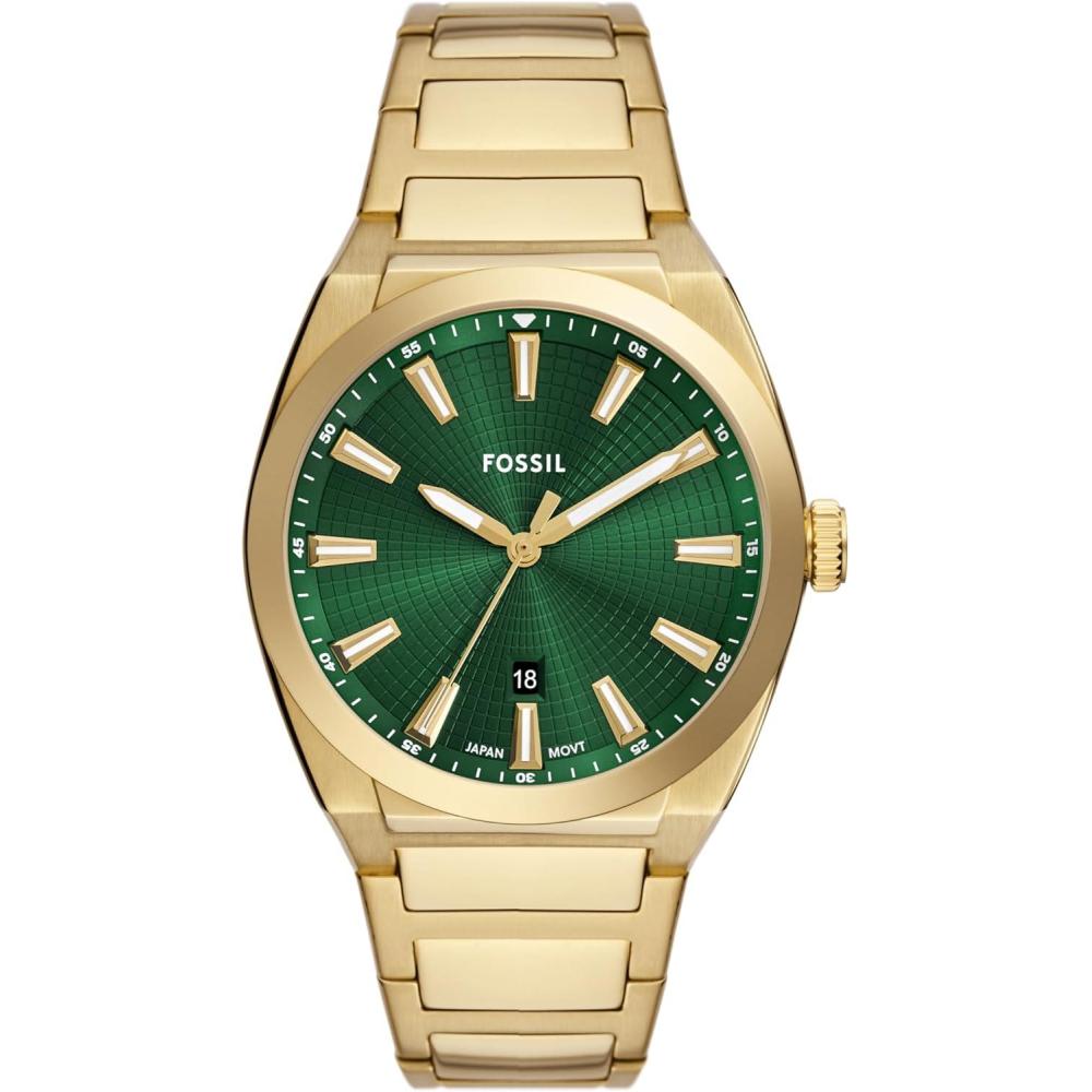 imageFossil Mens Everett Quartz Stainless Steel ThreeHand WatchGoldGreen