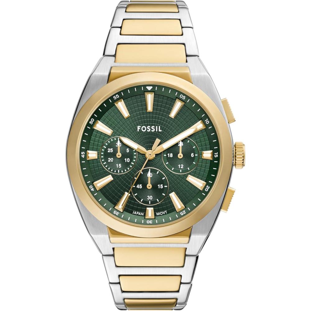 imageFossil Mens Everett Quartz Stainless Steel ThreeHand WatchGoldSilverGreen Chrono