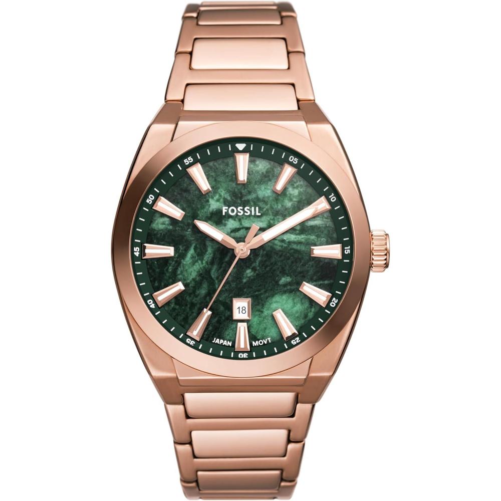 imageFossil Mens Everett Quartz Stainless Steel ThreeHand WatchRose GoldGreen