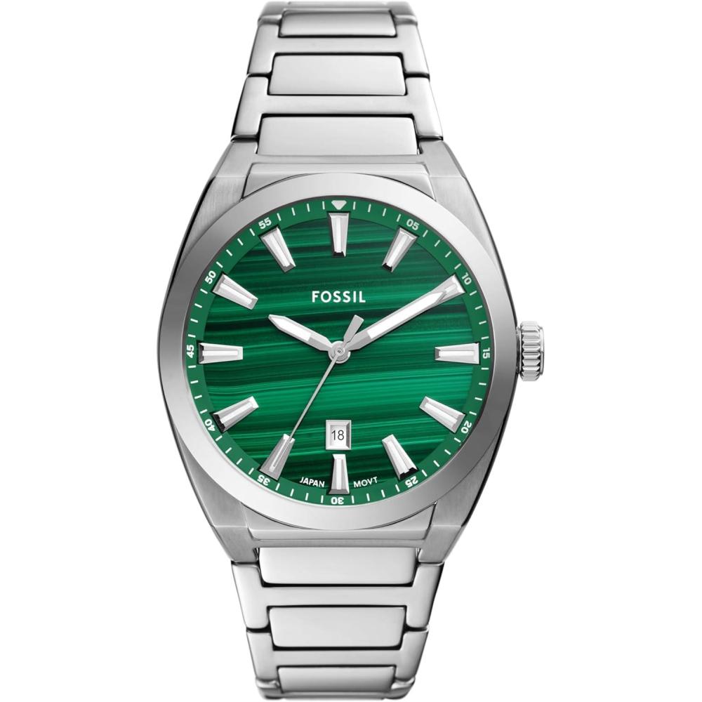 imageFossil Mens Everett Quartz Stainless Steel ThreeHand WatchSilverGreen