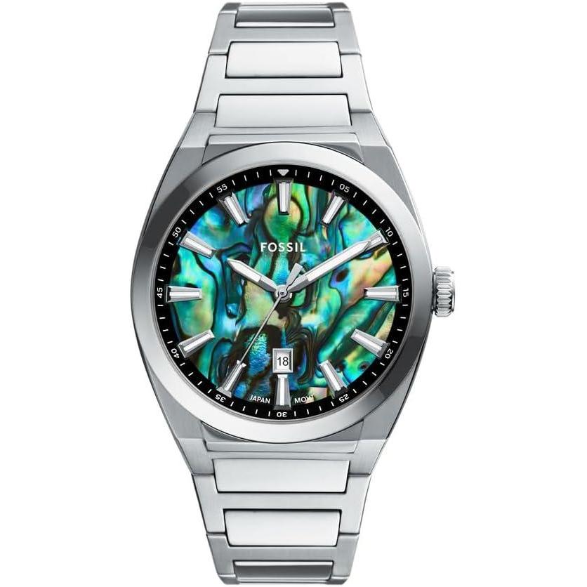 imageFossil Mens Everett Quartz Stainless Steel ThreeHand WatchSilverTurquoise Abalone