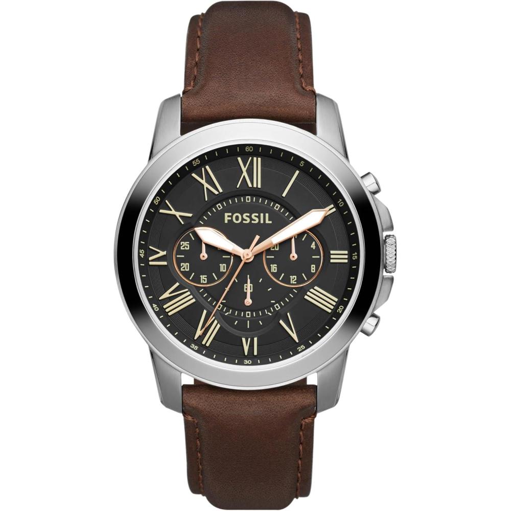 imageFossil Mens Grant Quartz Stainless Steel and Leather Chronograph WatchBlack LeatherSilverBlack